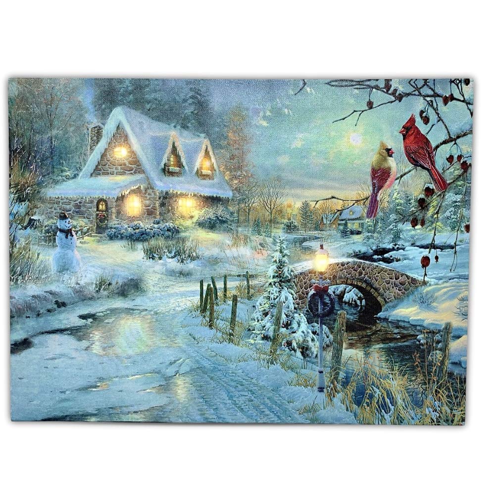 BANBERRY DESIGNS Lighted Cottage Along a Stream Christmas Scene with Cardinals and Snowman - LED Canvas Art Wall Print - Old Fas
