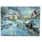 BANBERRY DESIGNS Lighted Cottage Along a Stream Christmas Scene with Cardinals and Snowman - LED Canvas Art Wall Print - Old Fas