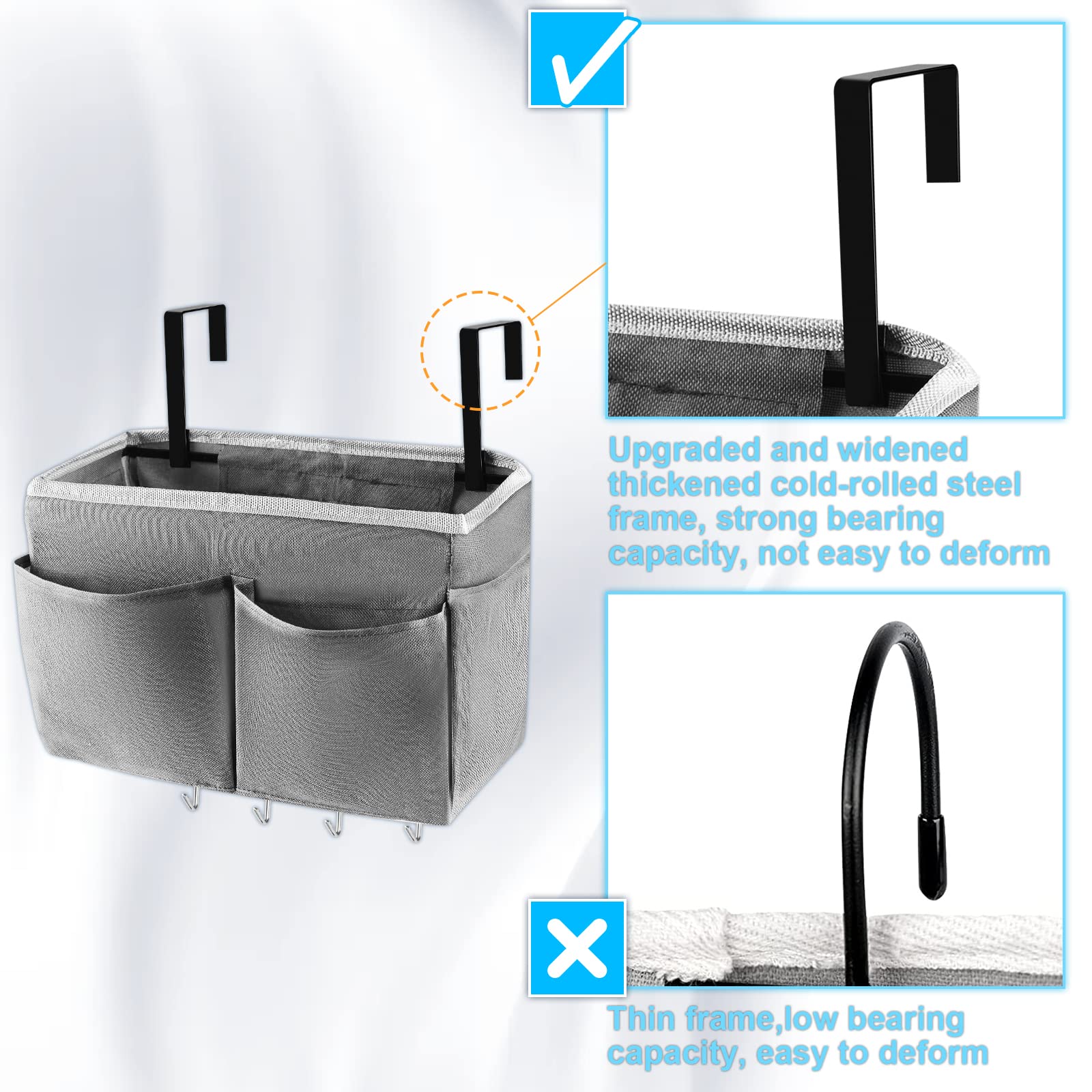 Frjjthchy Bedside Storage Organizer 5 Pockets With 4 Hooks Hanging Storage Bag For Headboards/Bunk Bed (Grey)