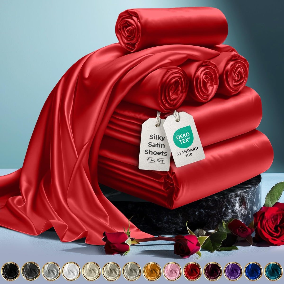 Decolure Satin Bed Sheets Set, 6 Pcs Queen, Red, Silky Soft, Wrinkle-Free, Deep Pocket, Lightweight, Hypoallergenic, Breathable,