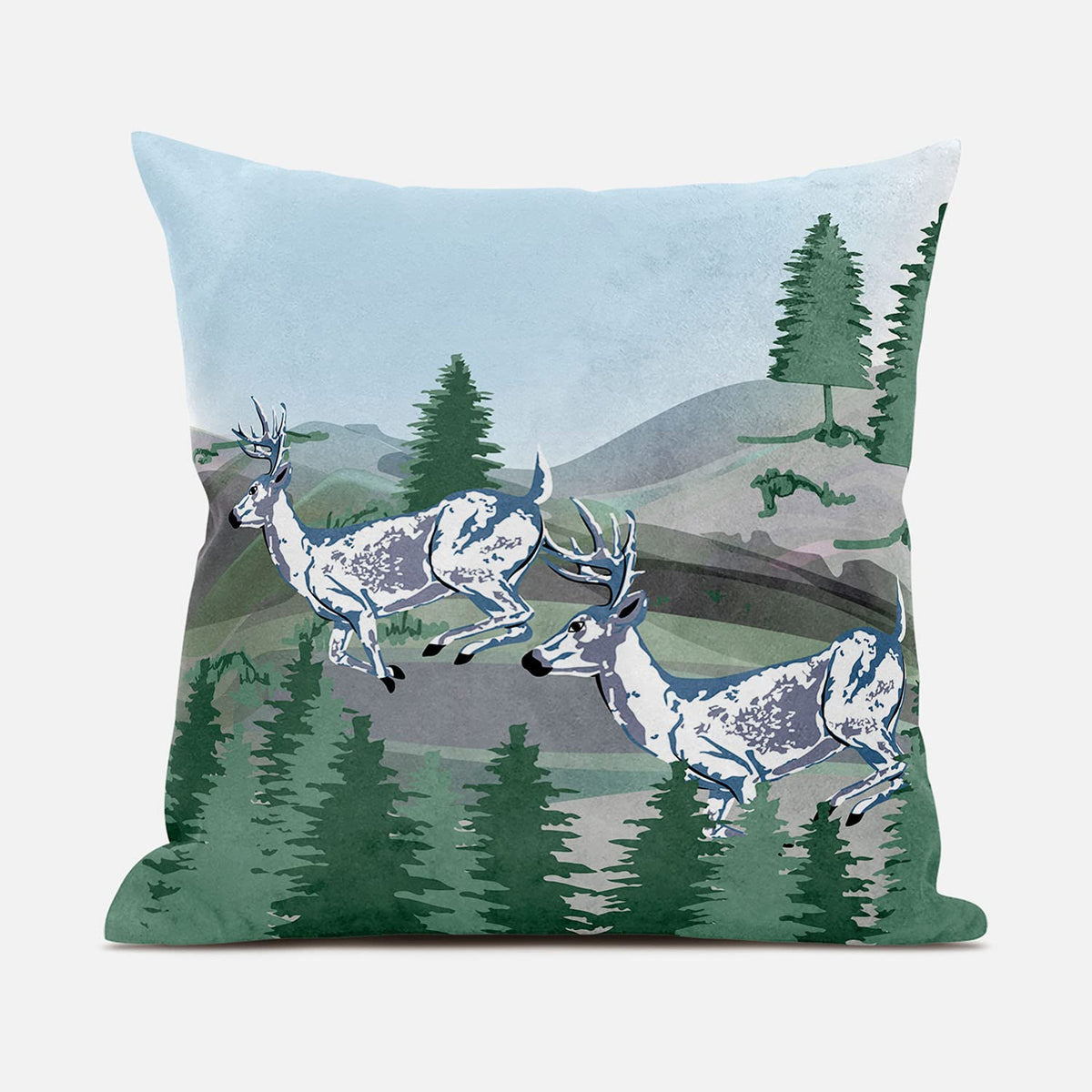 HomeRoots 26x26 Green Blue Deer Blown Seam Broadcloth Animal Print Throw Pillow