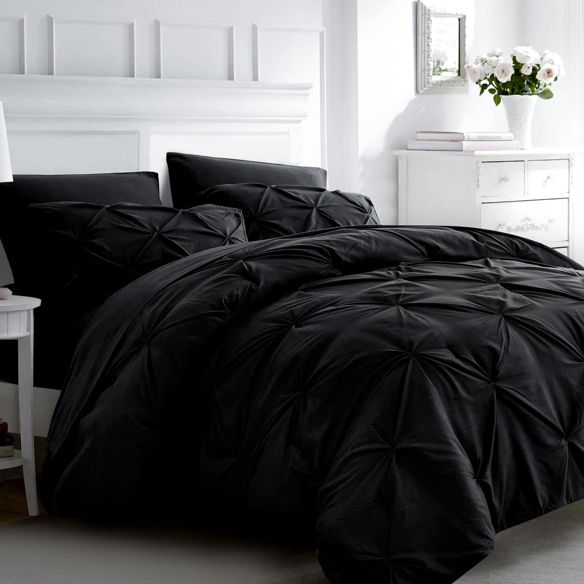 Ubauba 7Pc Black Queen Comforter Set With Sheets, 7 Piece Pintuck Bed In A Bag, Queen Size Bed Set For All Seasons, Pinched Plea