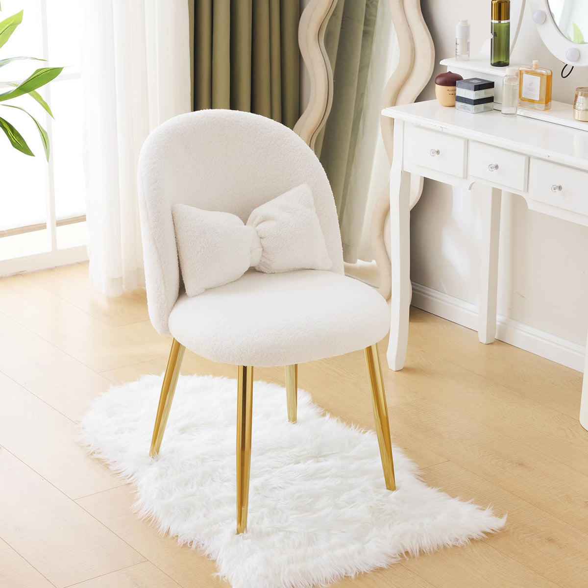 Vingli Boucle Girls Vanity Chair With Back & Pillow,Cute Small Cozy Desk Chair No Wheels,Comfy Makeup Ch With Ajustable Gold Leg