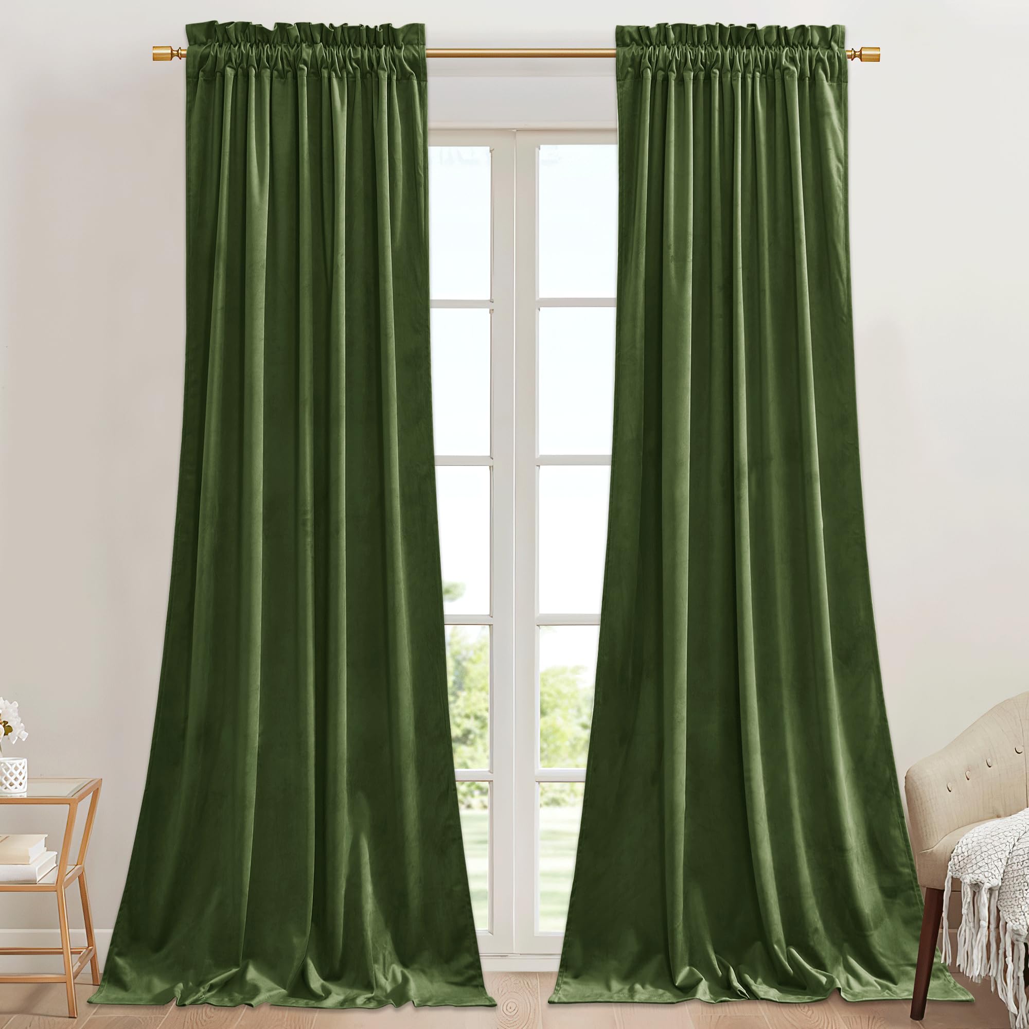 Stangh Luxury Velvet Blackout Window Drapes Moss Green Curtains For Holiday Christmas Decoration, Soft Thermal Insulated Drapes