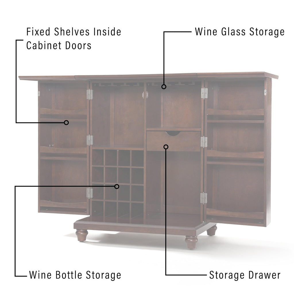 Crosley Furniture Cambridge Expandable Bar Cabinet with Storage Shelves, Drawer, and Wine Rack, Vintage Mahogany