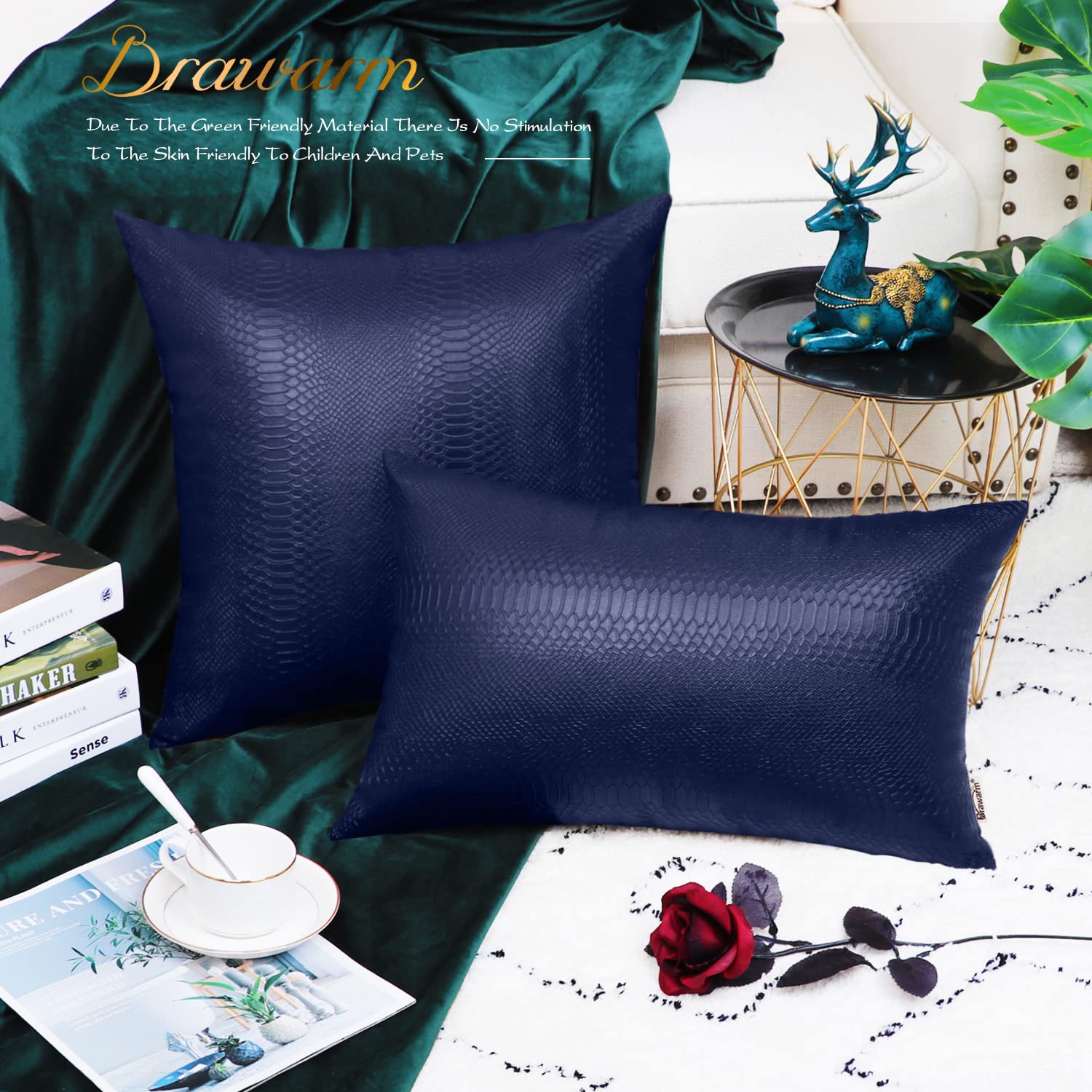 Brawarm Navy Blue Leather Throw Pillows 16 X 16 Inches, Snake Leather Pillow Covers Pack Of 2, Faux Leather Decorative Pillow Co