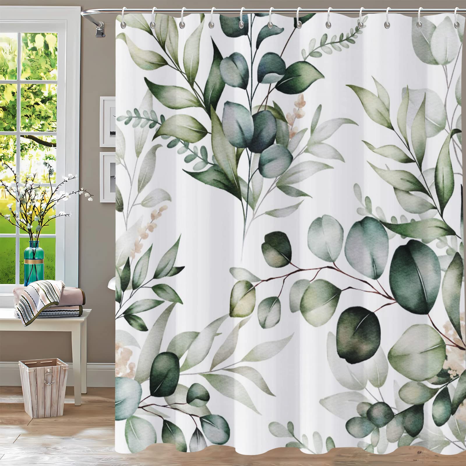 YiarTaan Shower Curtain, Green Shower Curtains for Bathroom Watercolor Plant Shower Curtain Leaves Floral Bathroom Eucalyptus Sa