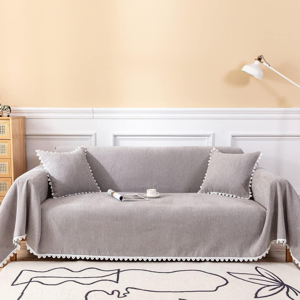 Vclife Gray Couch Cover Thick Chenille Sectional Sofa Cover Slipcover Modern Lace Flower Hem Couch Cover For 3-4 Cushion Couch S