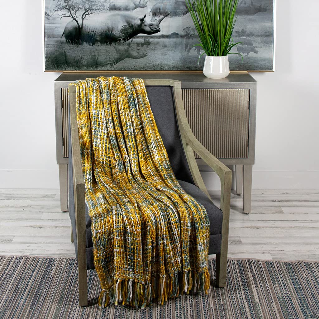 HomeRoots 100% Acrylic Boho Yellow and Gray Basketweave Throw Blanket