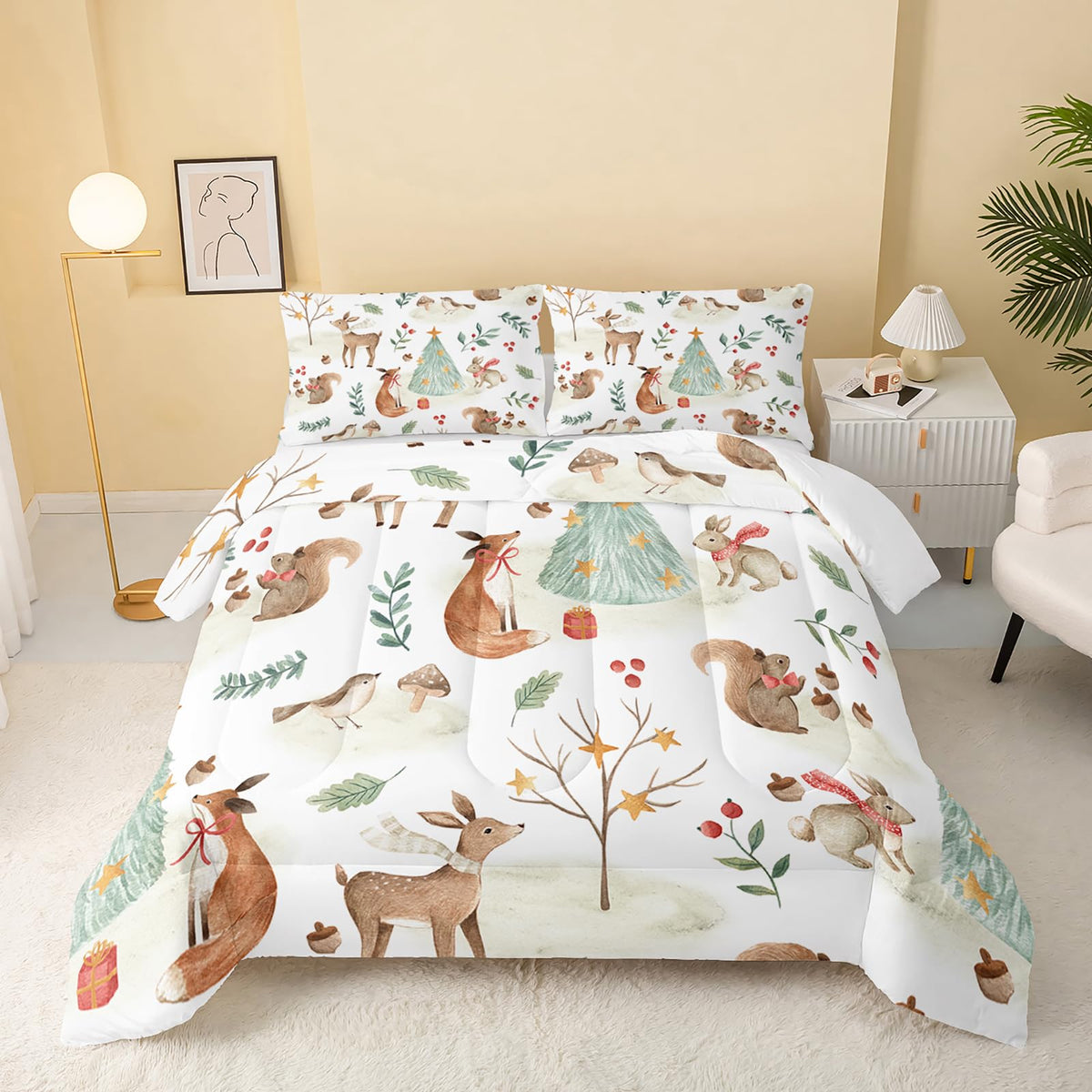 Qoomo Wild Animal Comforter Queen Size,Rabbit Deer Comforter Set For Kids Teens Girls Boys,3Pcs Bedding Set Printed Comforter Wi