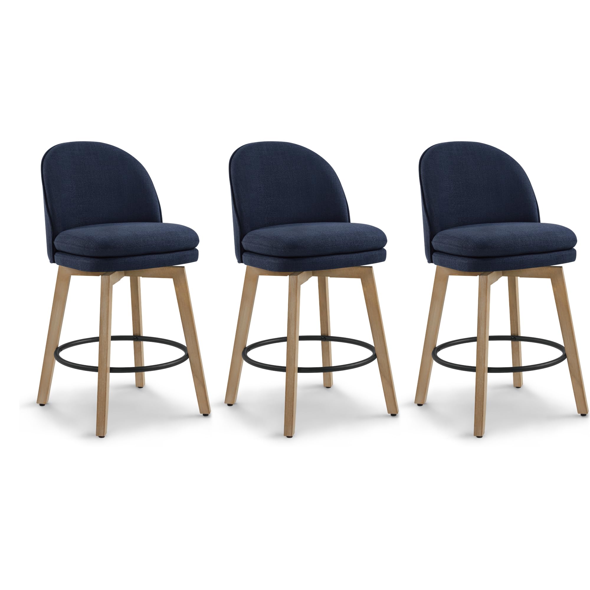Counter Height Barstools 26 inch Upholstered Swivel Bar Stools with Back and Wood Legs for Kitchen Island,Set of 3,Blue Fabric-A
