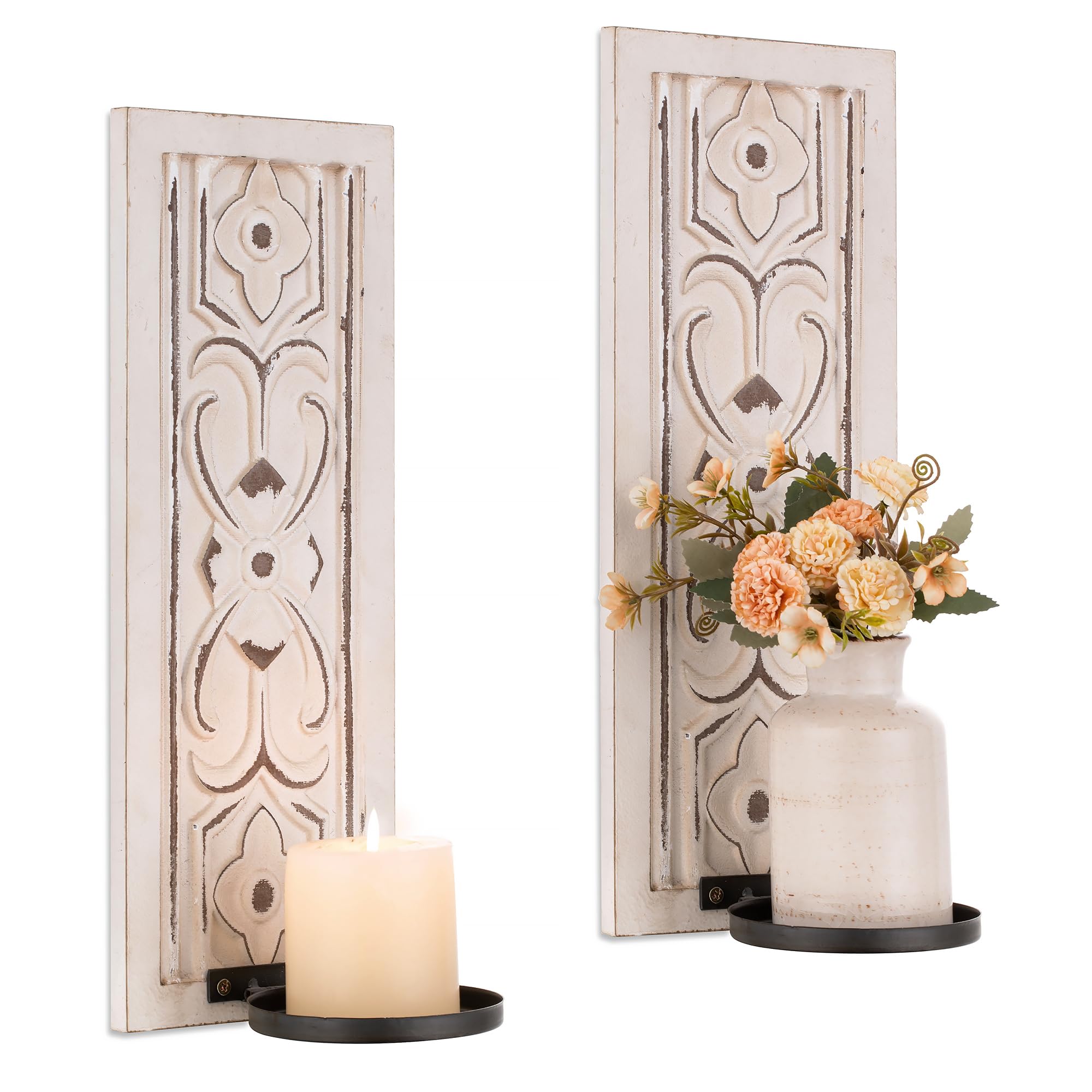 Rustic Candle Sconces Wall Decor Set of 2 - Walasis Wood Wall Candle Holders for Farmhouse White Boho Candle Sconce Art Distress