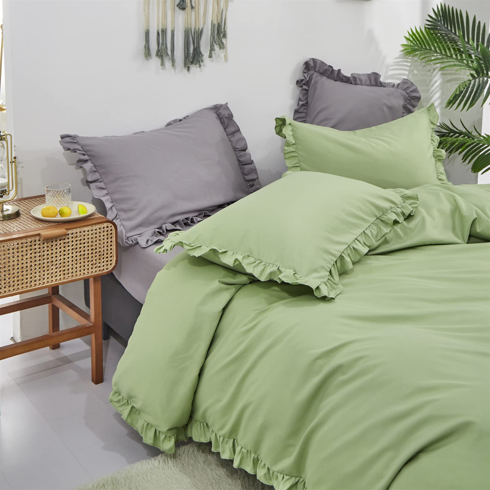 Luxlovery Sage Green Ruffle Comforter Set Queen Light Green Farmhouse Bedding Comforter Set Full Shabby Chic Solid Dusty Green C