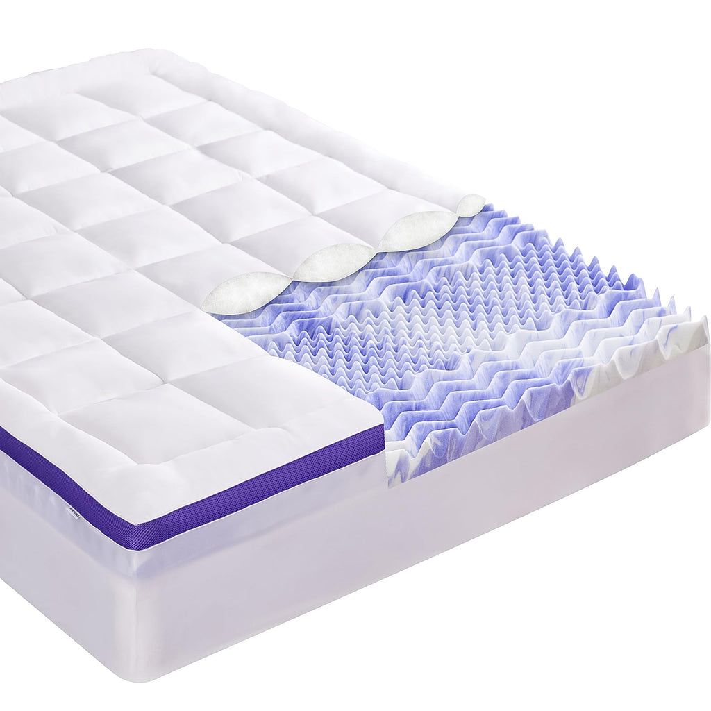 ChiXpace Dual Layer 4 Inch Memory Foam Mattress Topper Full - 2 Inch Gel Memory Foam and 2 Inch Pillow Top Mattress Pad, 7-Zone 