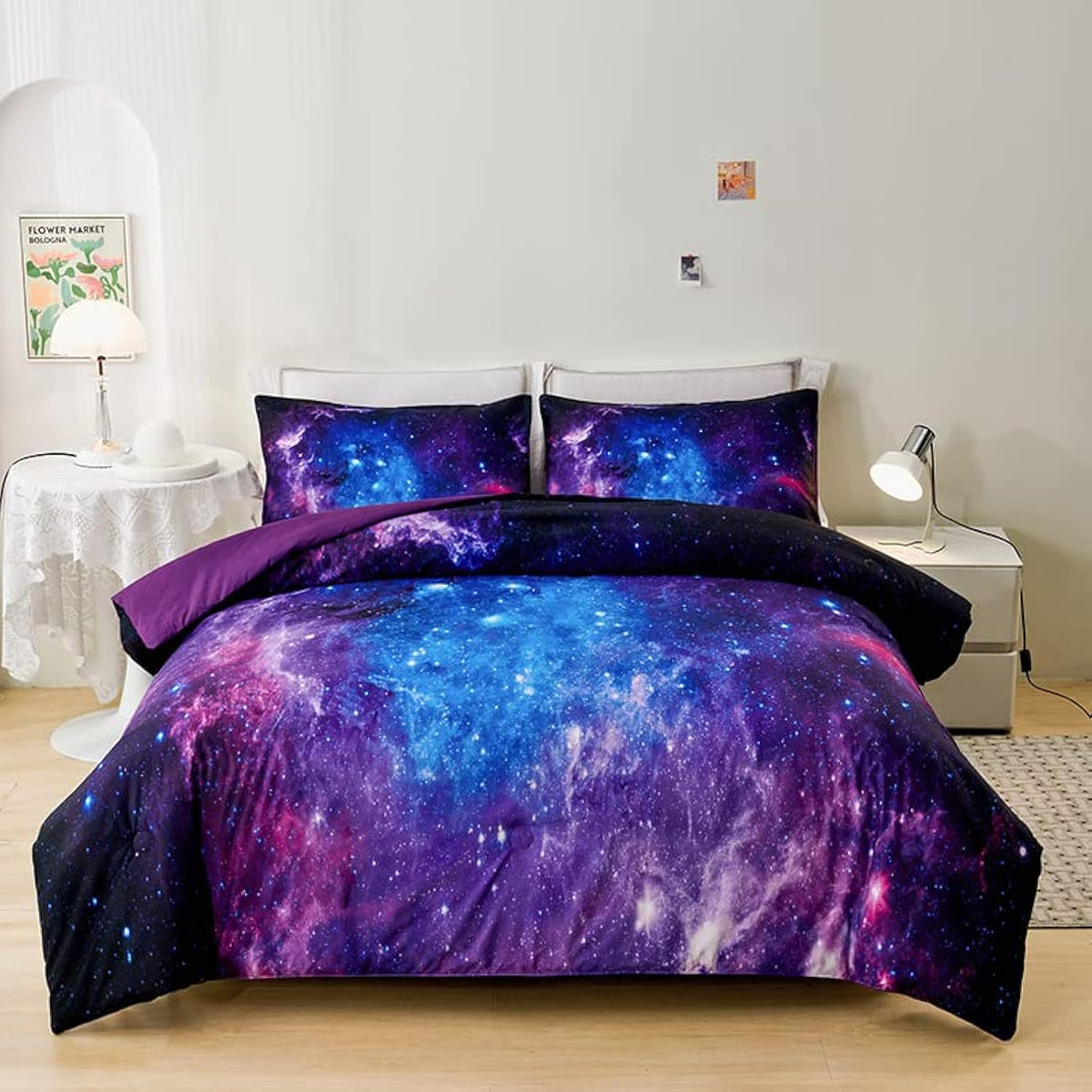 Helloosuu Galaxy Comforter Set,Girls Purple Bedding Set Full,Galaxy Bedding Set For Kids Girls Boys,Space Comforter Set Full Wit