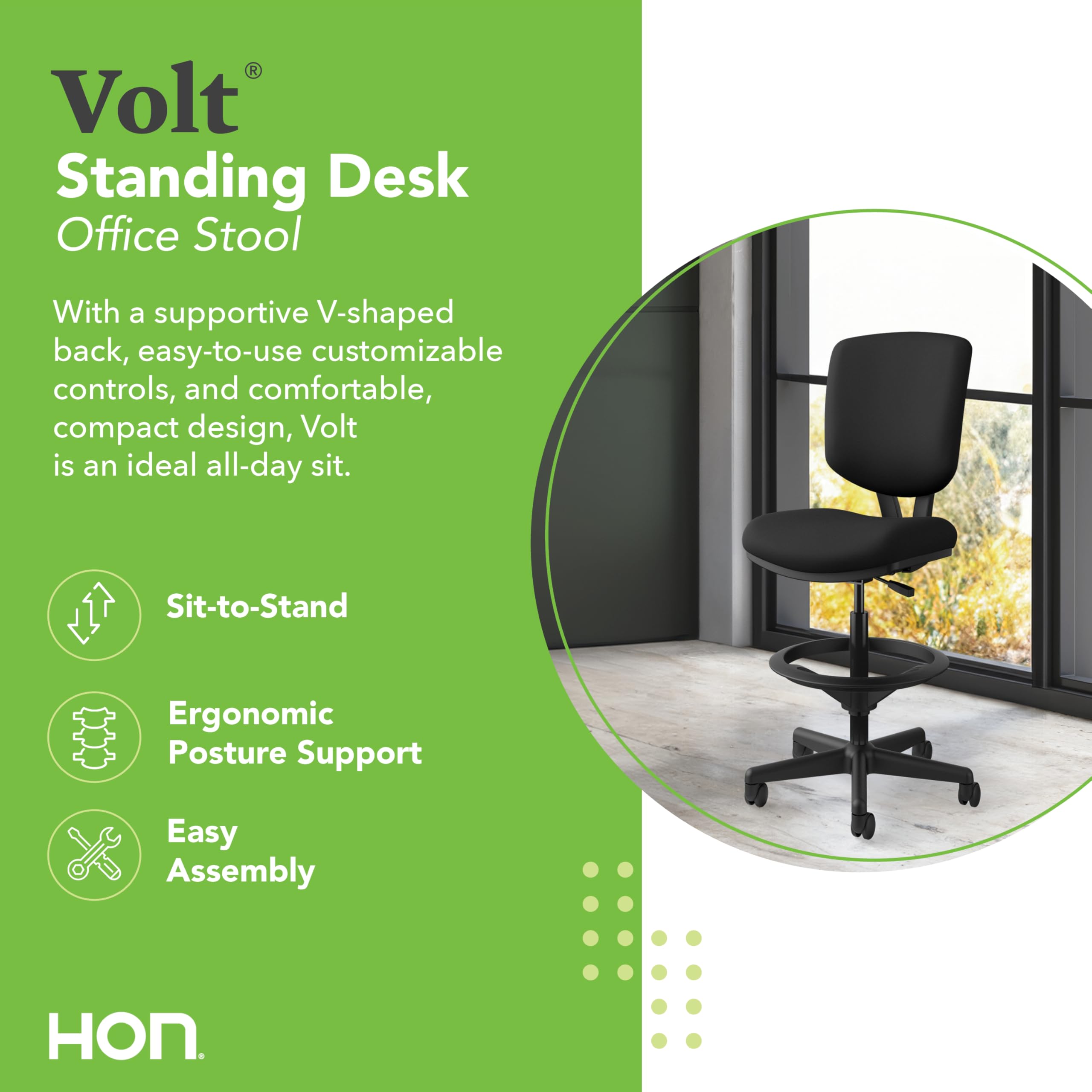 HON Volt Standing Desk Chair, Fabric Office Chair with Foot Rest, Armless, Ergonomic Recline and Center Tilt, Black