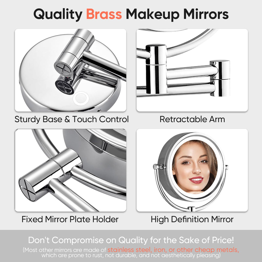 GURUN Wall Mounted Makeup Mirror with 10x Magnification, Dimmable LED Lights, 13" Extendable Arm, Chrome Finish