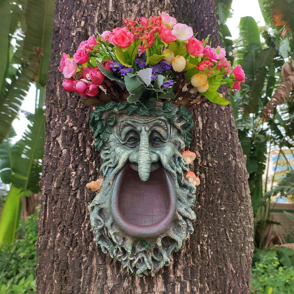 Big Mouth Old Man Tree Face Sculpture, Flower Planter Pot Hand-Painted Greenman Tree Peeker Bird Feeder Garden Decor And Yard Ar