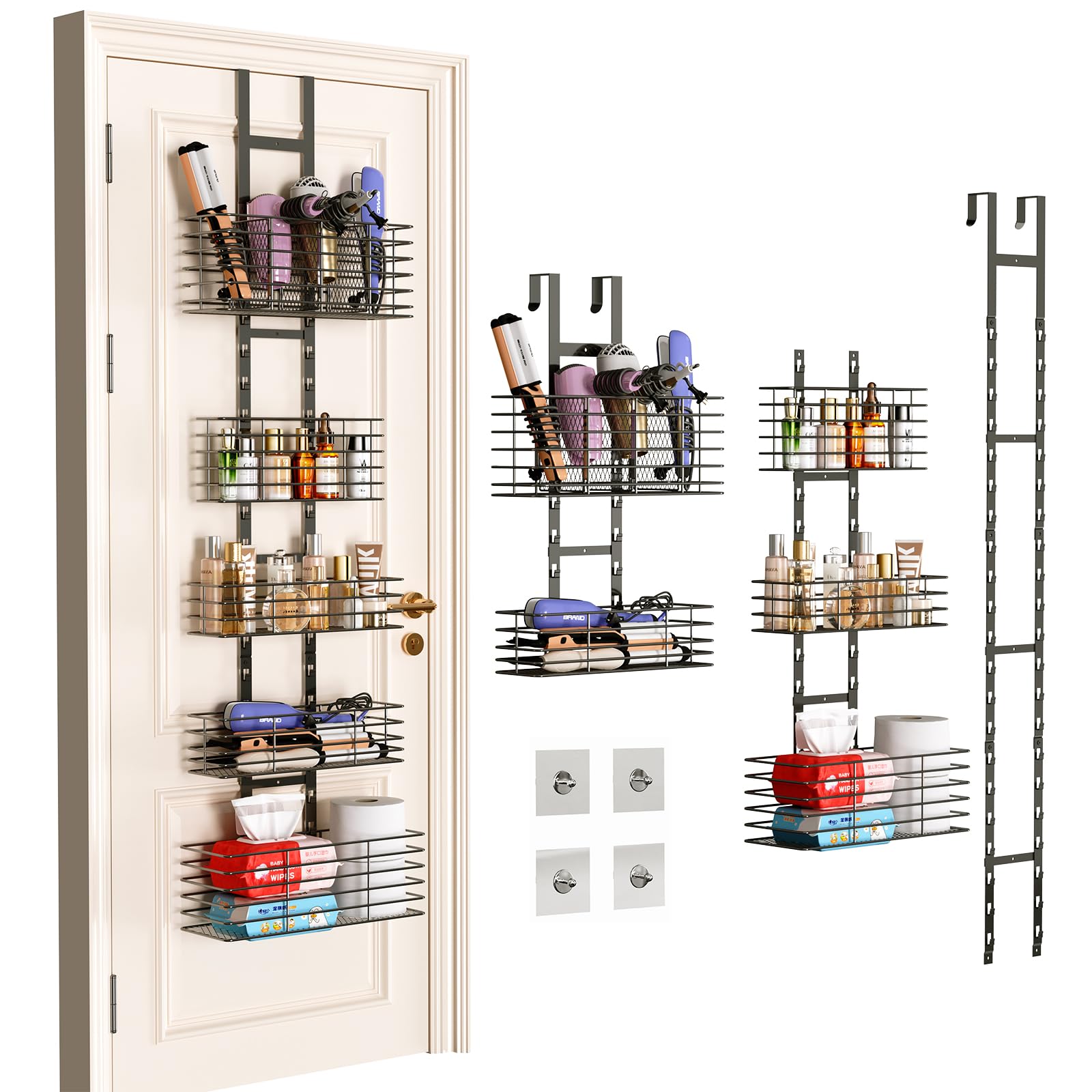 5-Tier Over The Door Bathroom Organizer - Hair Dryer Holder - Hair Tool Organizer Adjustable Height, DIY Bathroom Storage Shelf 