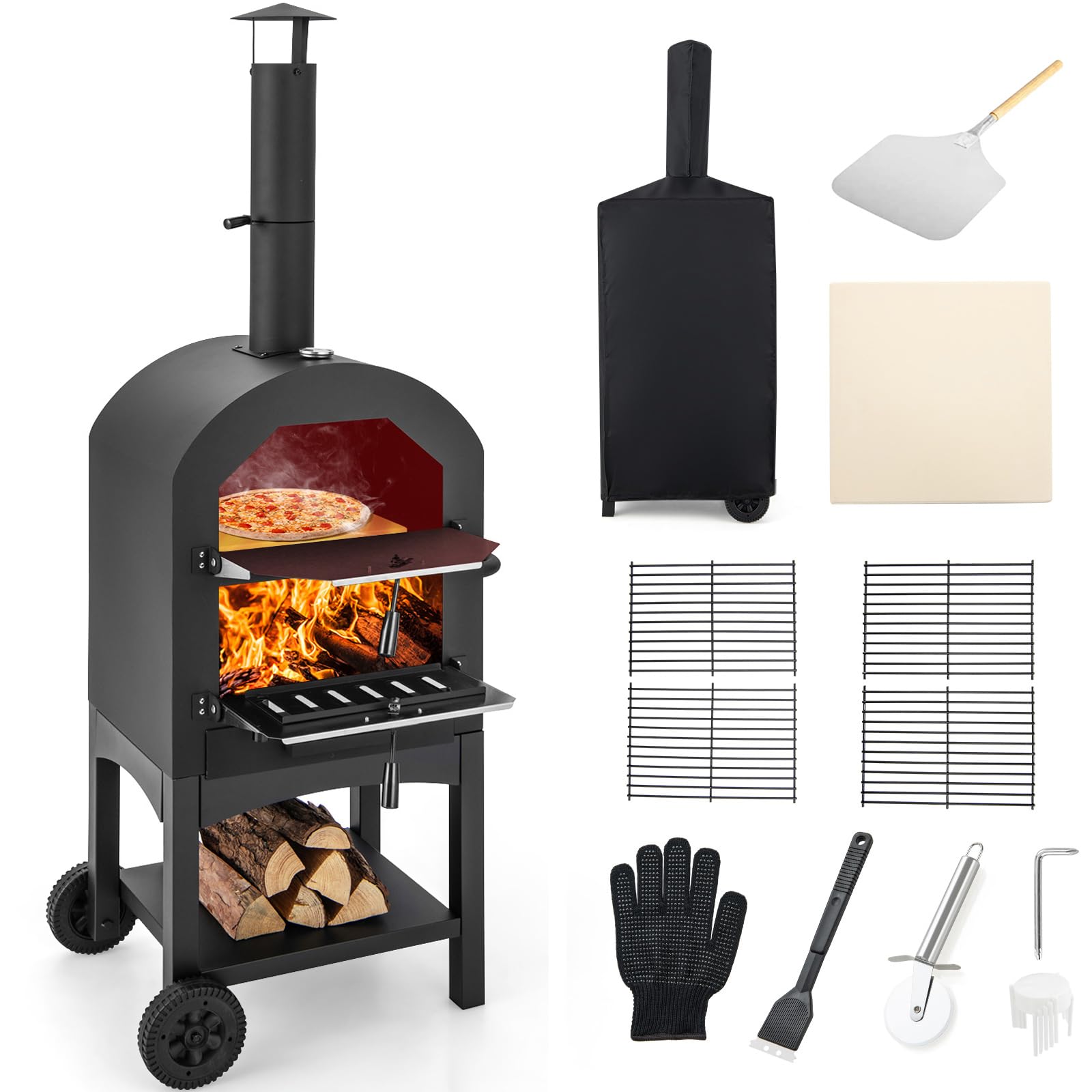 Giantex Pizza Oven Outdoor, Wood Fired Pizza Oven With Pizza Stone, Pizza Peel, Waterproof Cover, Cooking Grids, Pizza Maker Wit