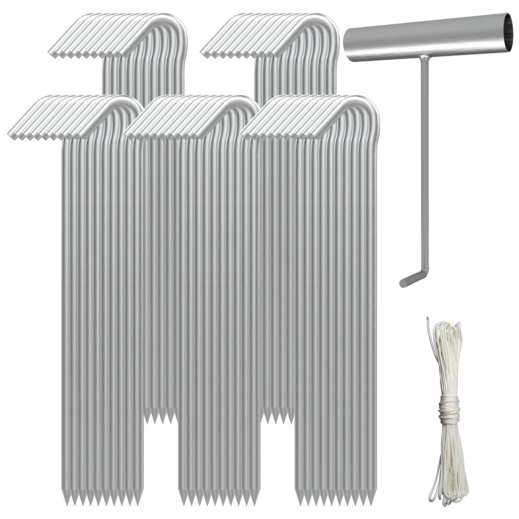 Aagut 50 Pack Inflatable Stakes And Tethers, 9' Metal Camping Tent Stakes, Galvanized Garden Edging Fence Hooks, Ground Stakes