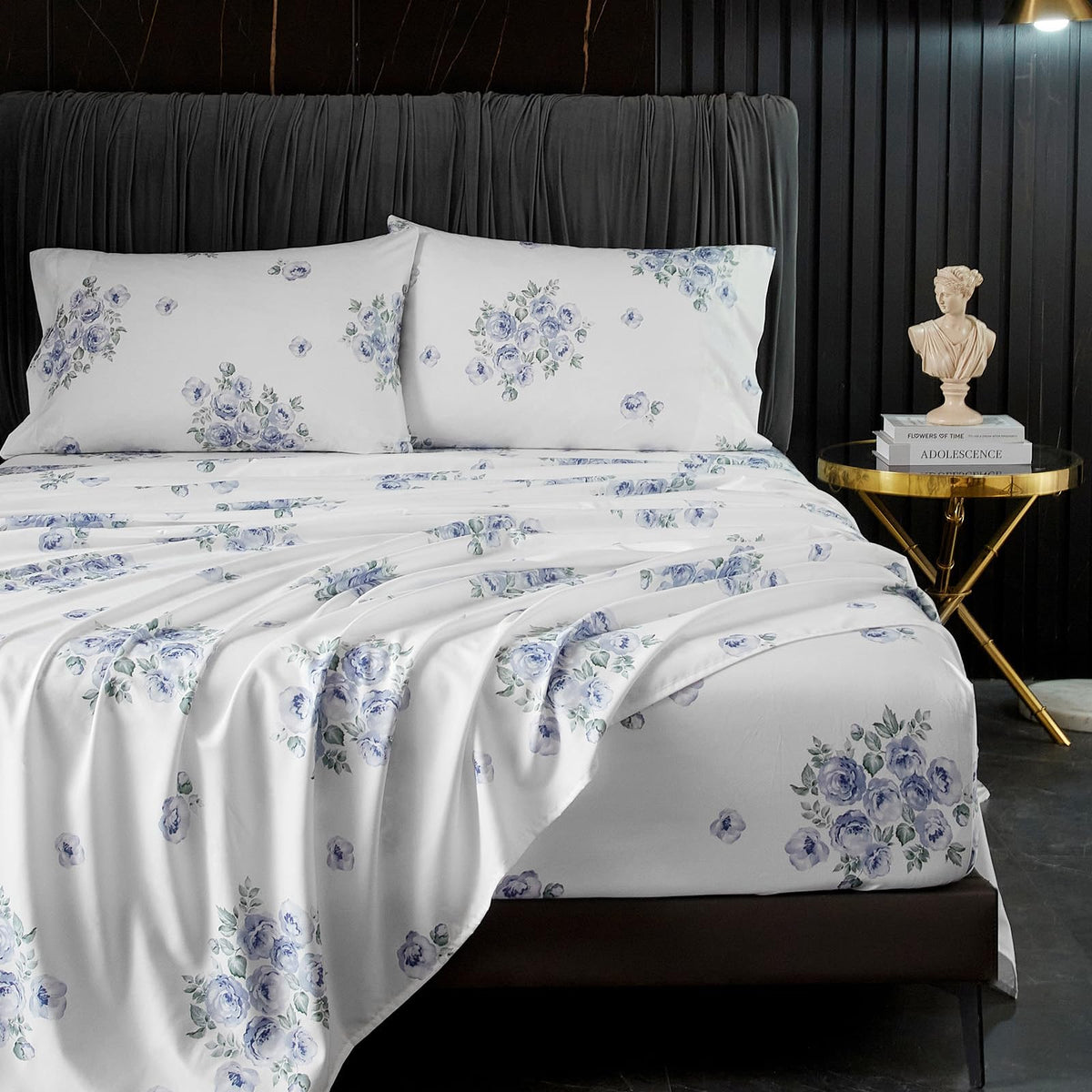 Hyprest Blue Floral Sheets Queen Size,18 Inches Deep Pocket Sheets 1800 Thread Count, 4 Pieces Floral Bed Sheets Soft Breathable