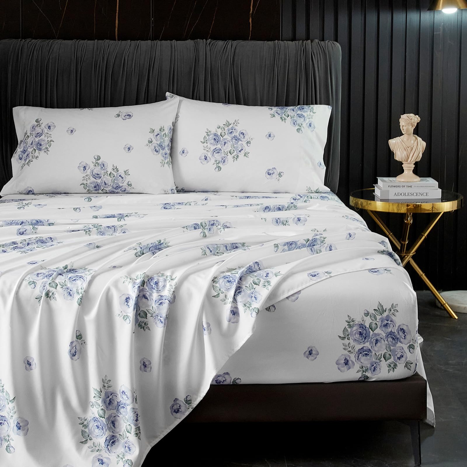 Hyprest Blue Floral Bed Sheets King Size, 18 Inches Deep Pocket Sheets 1800 Thread Count, 4 Pieces Sheet Set Soft Breathable Far