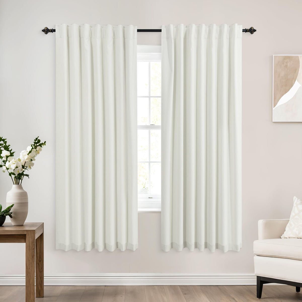 Koufall 52X72 Inches Long Ivory Back Tab Linen Blackout Curtains