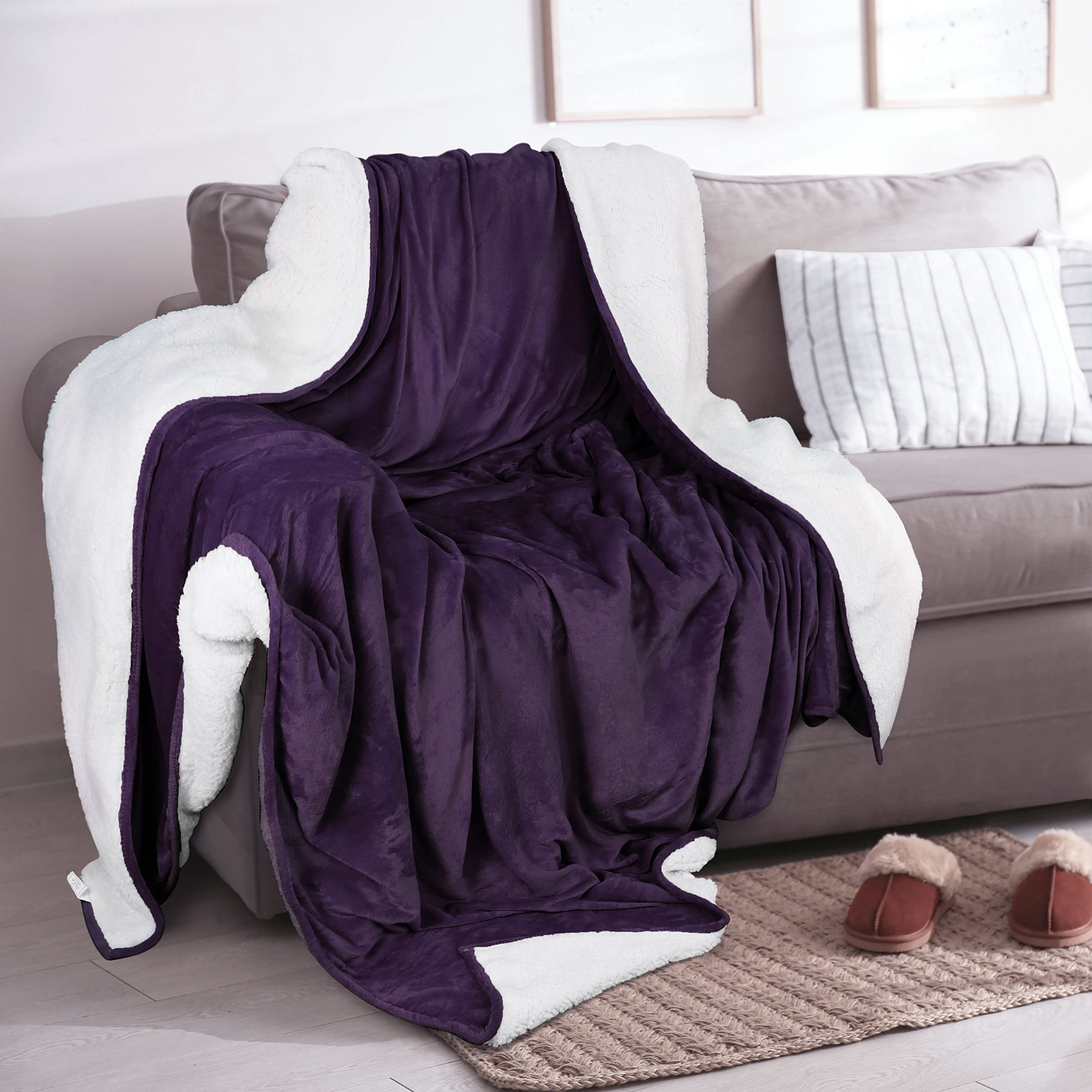 Utopia Bedding Sherpa Blanket Throw, 50x60 Inches, 480GSM Plush Fleece, Reversible, Plum, Ideal for Bed, Sofa, Camping