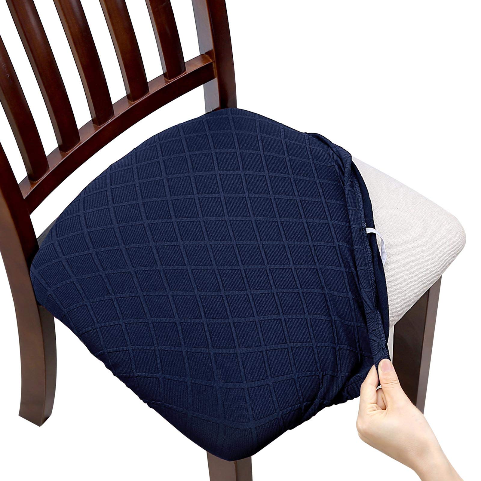 Fuloon Stretch Jacquard Chair Seat Covers Set Of 6, Removable Washable Dining Chair Covers Anti-Dust Dining Room Chair Covers Seat Cushion Slipcovers (6, Navy Blue)