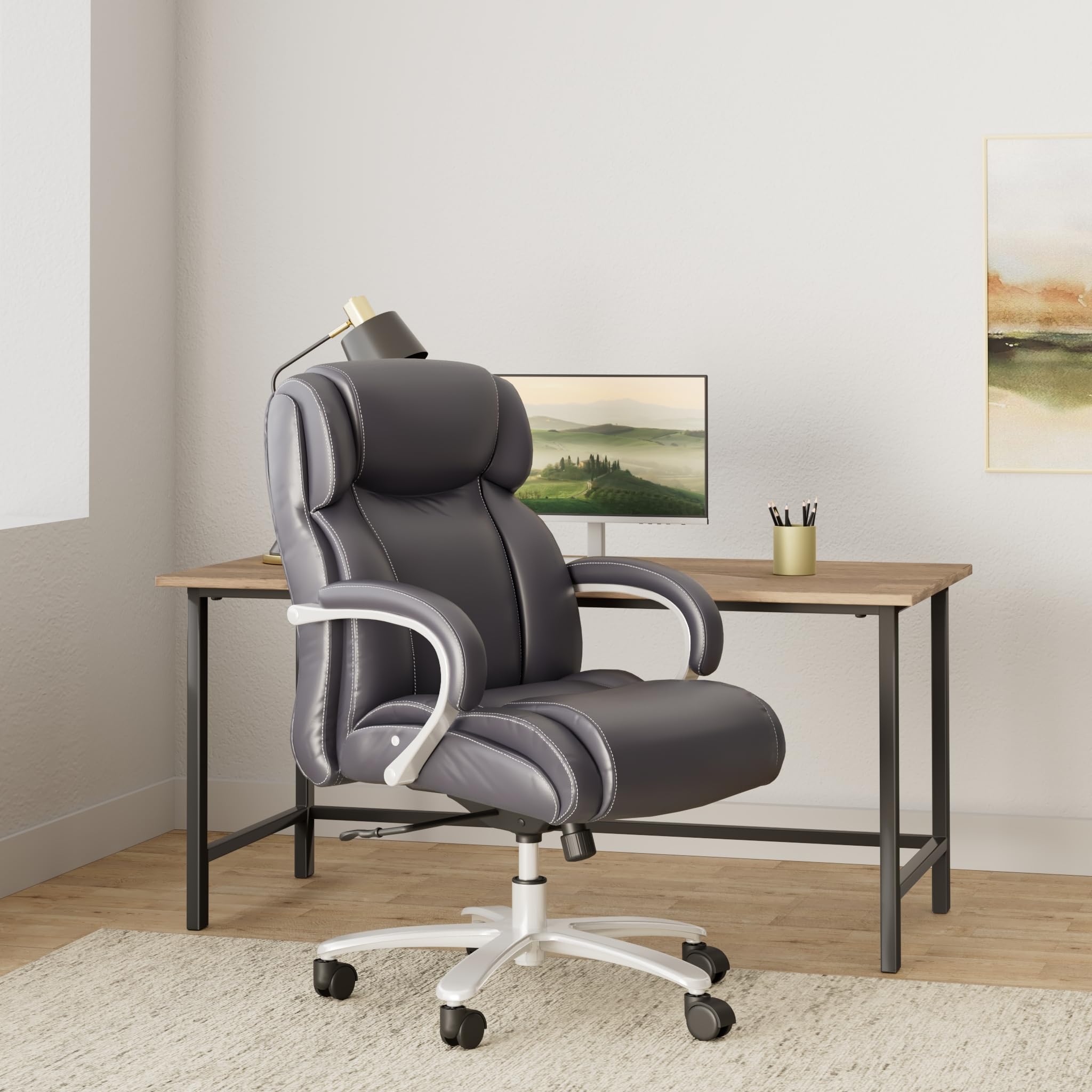 Safco Products 3503Bl Big And Tall Mid Back Rolling Swivel Task Desk Chair, Padded Arms, 400 Lbs. Weight Capacity, Adjustable Height, Tilt, Work Or Home Office, Black Bonded Leather Seat