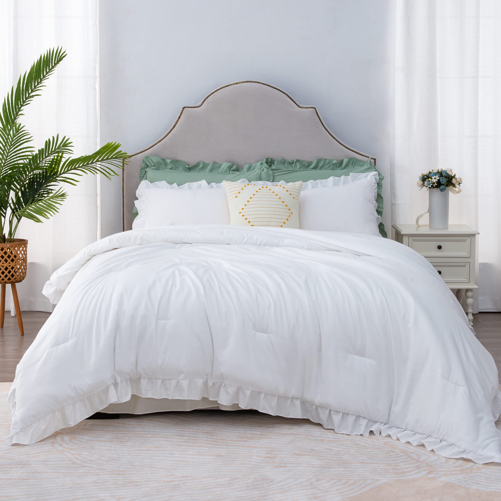Litanika White Ruffle Comforter King Size, 3 Pieces Women Girl Farmhouse Vintage Aesthetic Bedding Set & Collections, Shabby Chi
