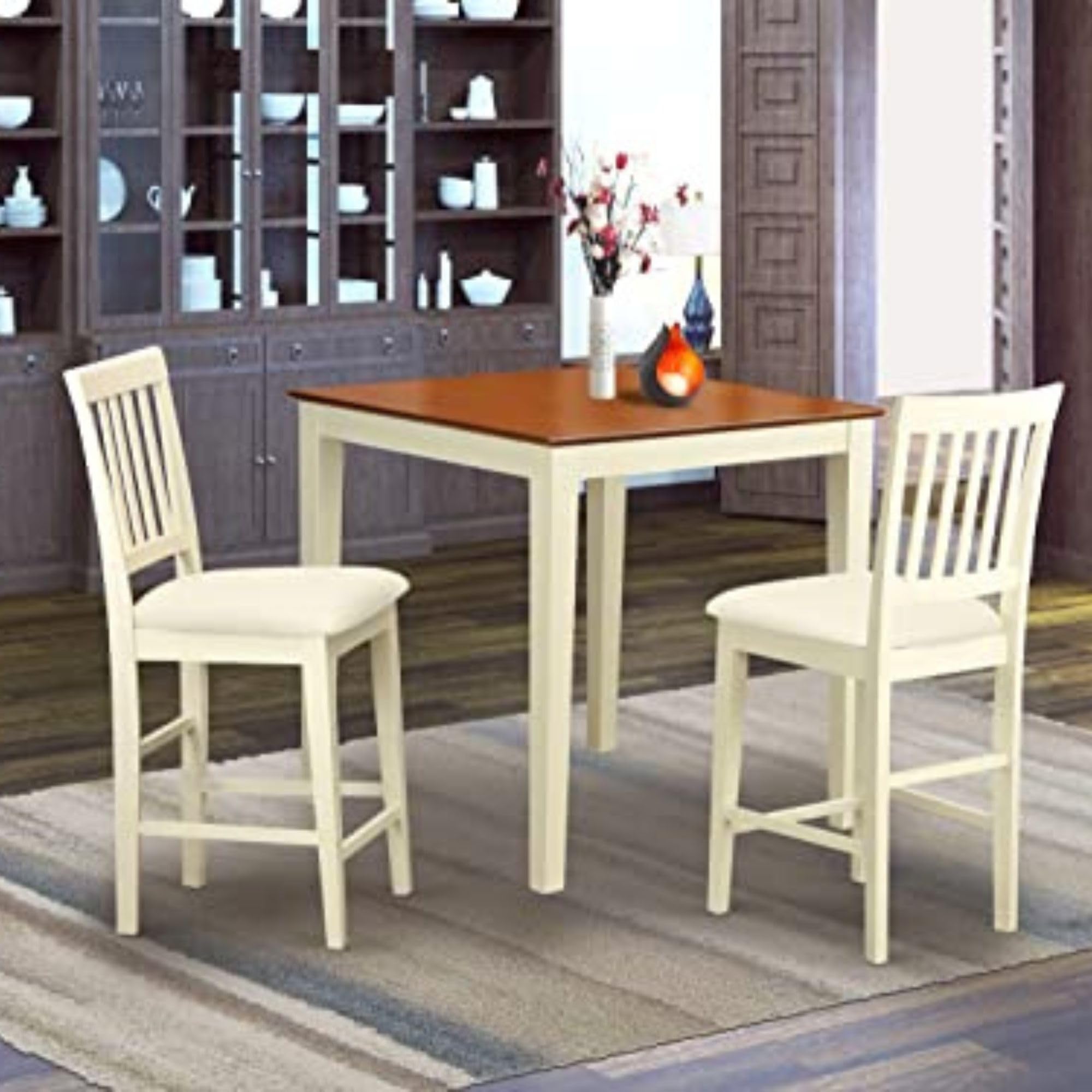 East West Furniture VERN3-WHI-C 3 Piece Counter Height Dining Set for Small Spaces Contains a Square Wooden Table and 2 Linen Fabric Upholstered Chairs, 36x36 Inch, Buttermilk & Cherry