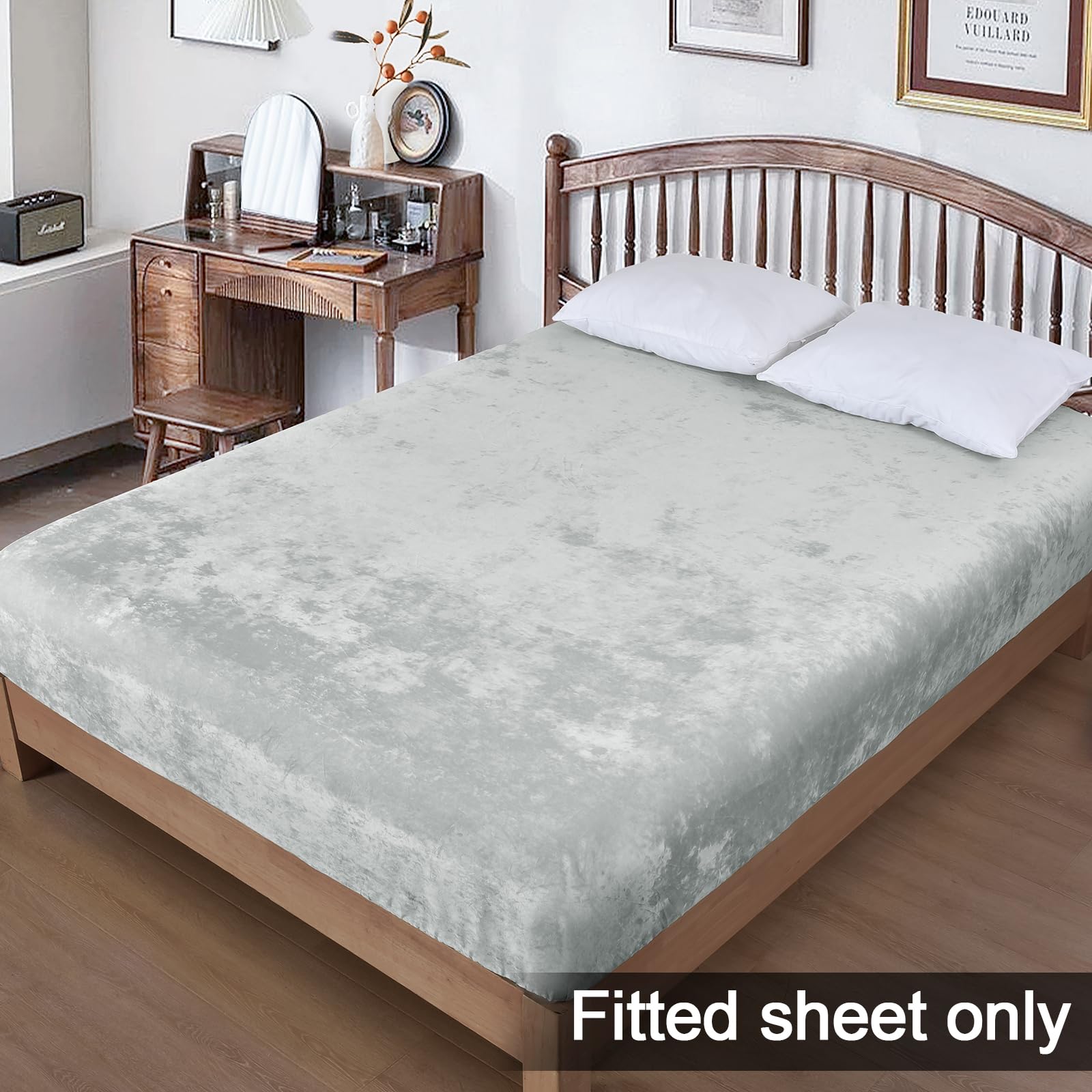 Phf Truly Velvet Fitted Sheet Only Full Size, Luxury Super Soft Cozy Comfy Fleece Bottom With 15' Deep Pocket, Suitable For Fall Winter And Spring, No Pillowcases, Sliver Grey