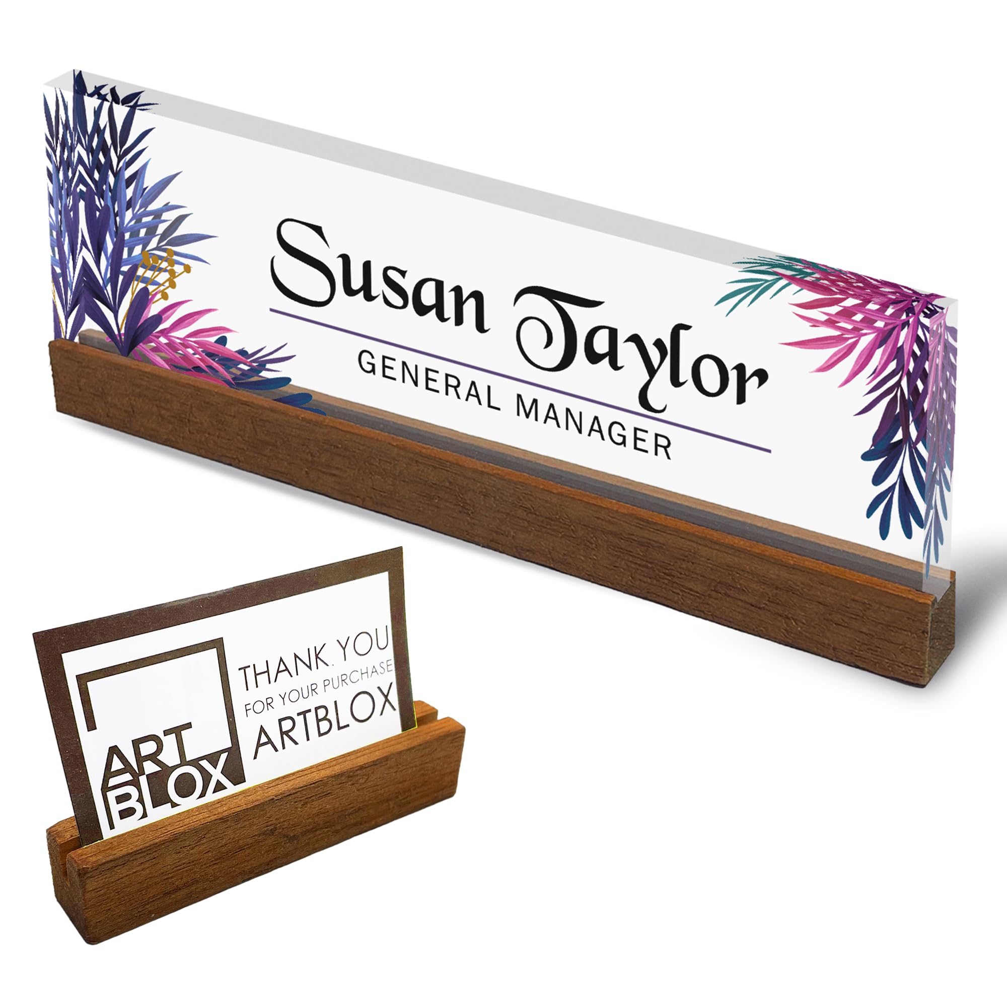Artblox Personalized Office Desk Name Plate And Business Card Holder | Clear Acrylic Glass With Teak Wood Stand | Leaf Design Cu