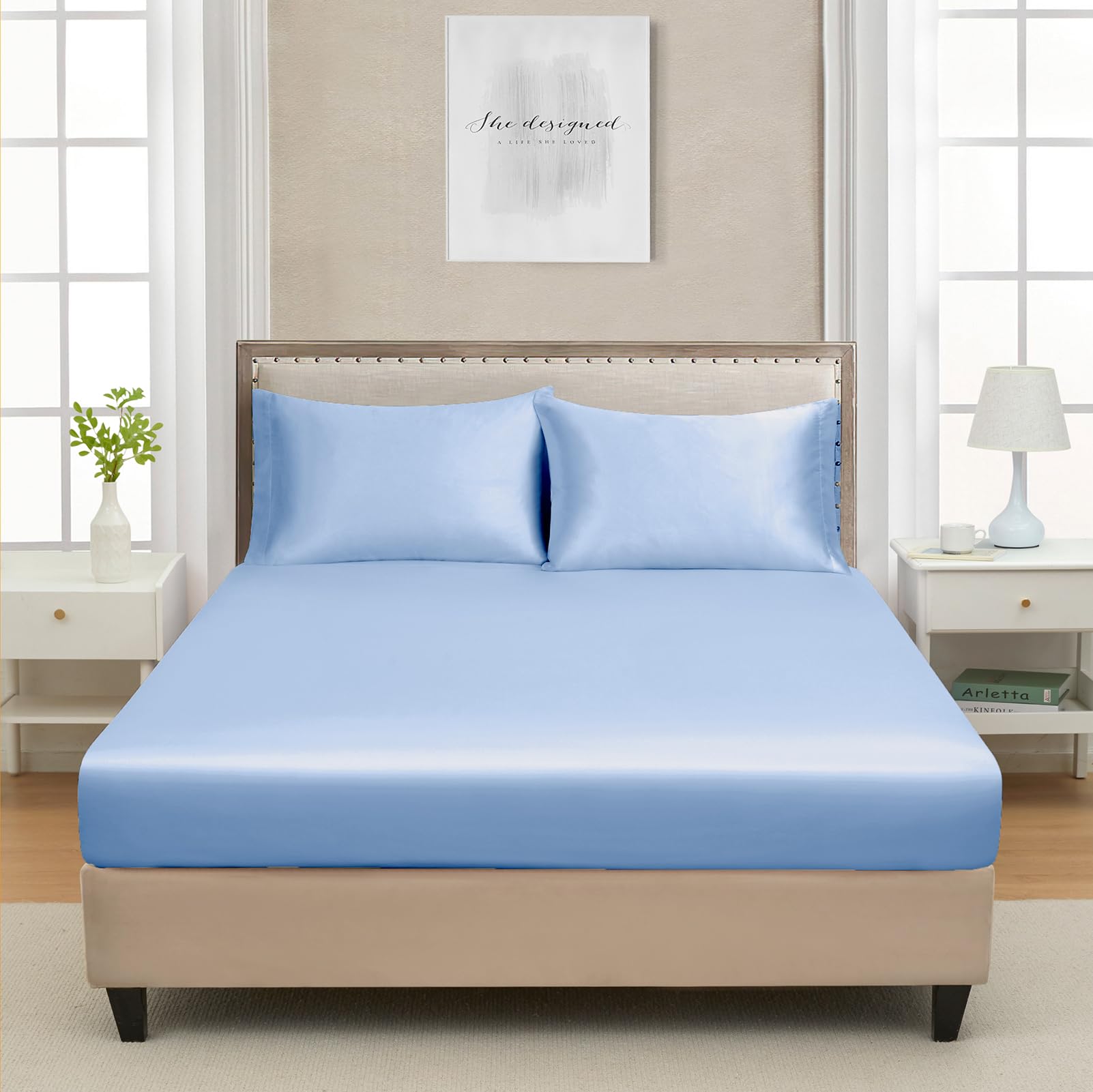 Queen Silk Satin Fitted Sheet, Soft Deep Pocket Single Bottom Bed Sheets Sold Separately, Wrinkle Free, Non- Fading, Breathable,