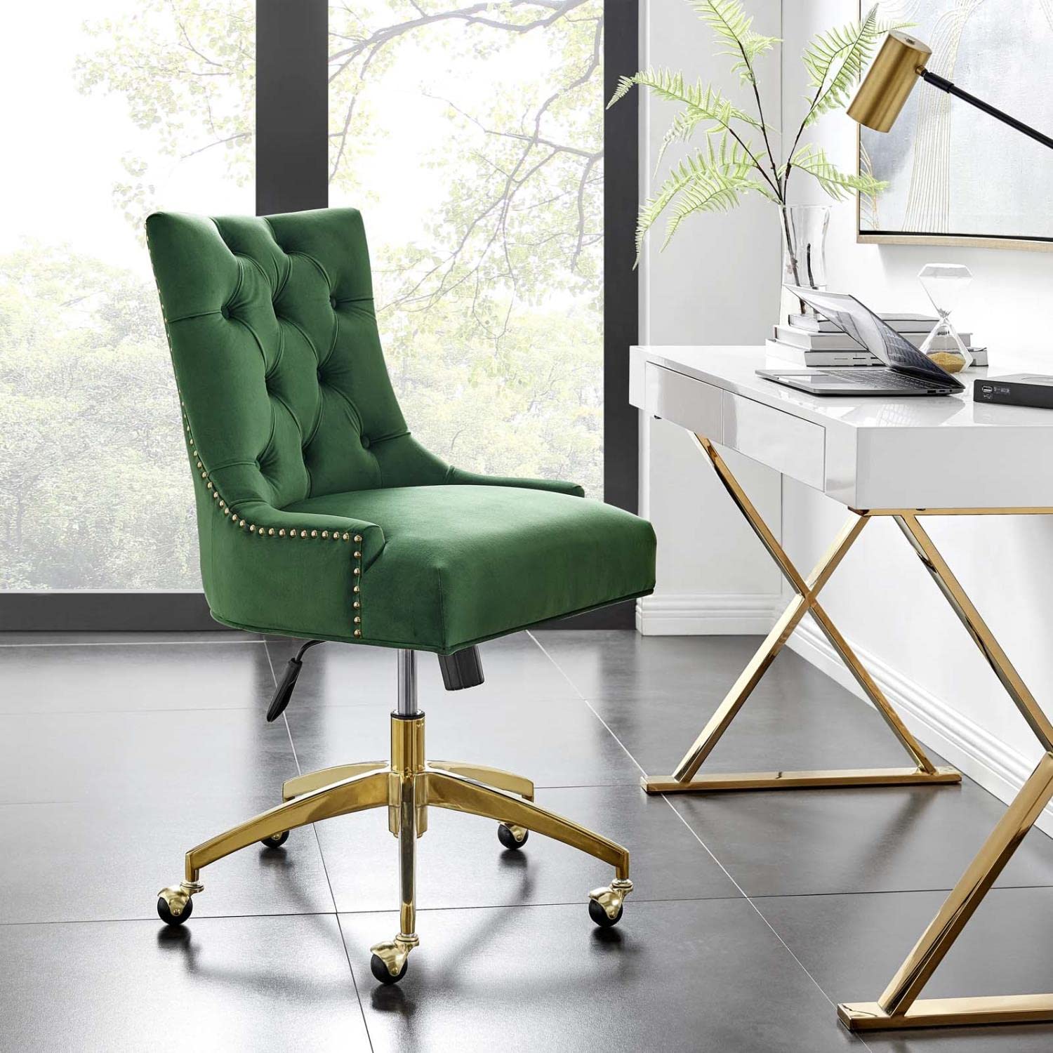 Modway Regent Tufted Performance Velvet Swivel Office Chair, Gold Emerald