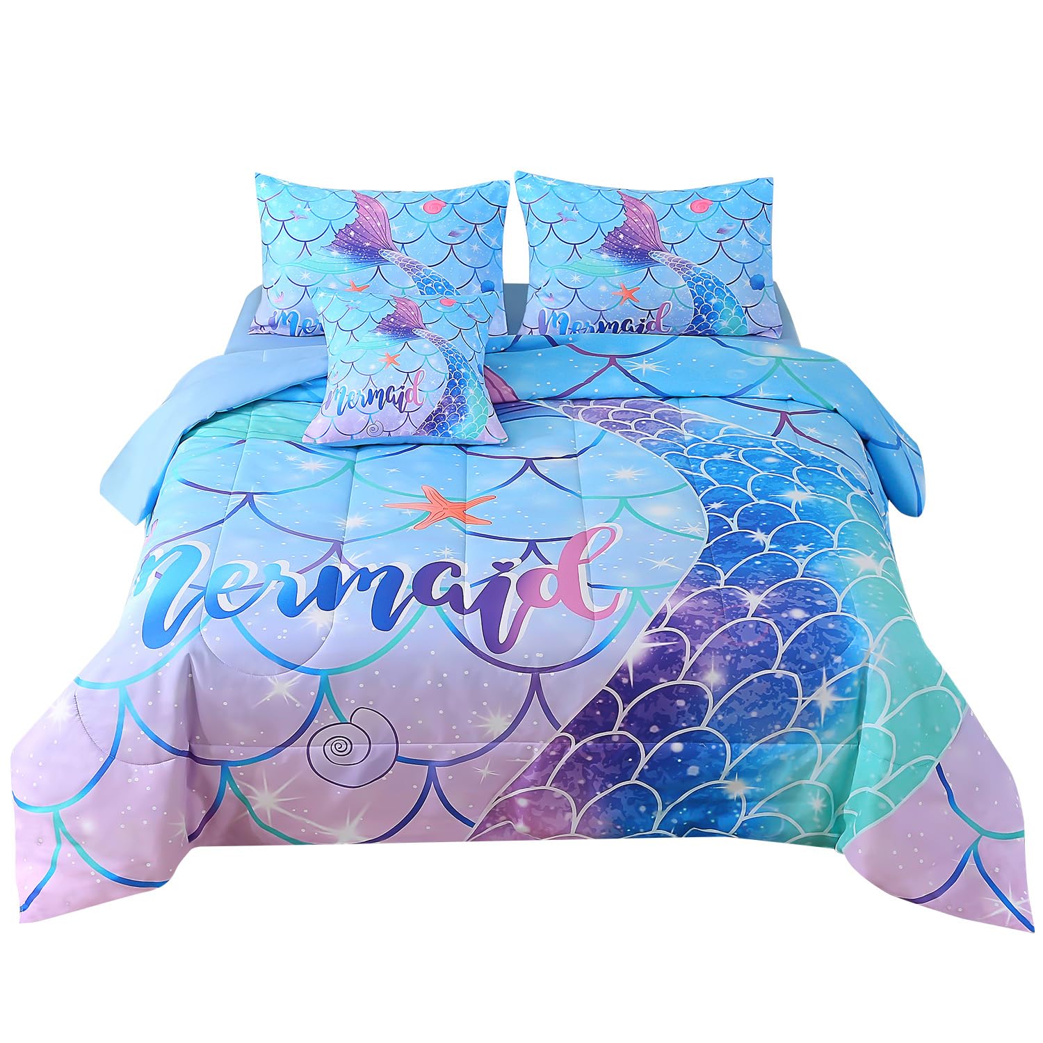 Jqinhome Mermaid Comforter Set Twin Size, 6 Piece Mermaid Tail Bed In A Bag,3D Colorful Mermaid Bedding Set For Girls Kids, Spar