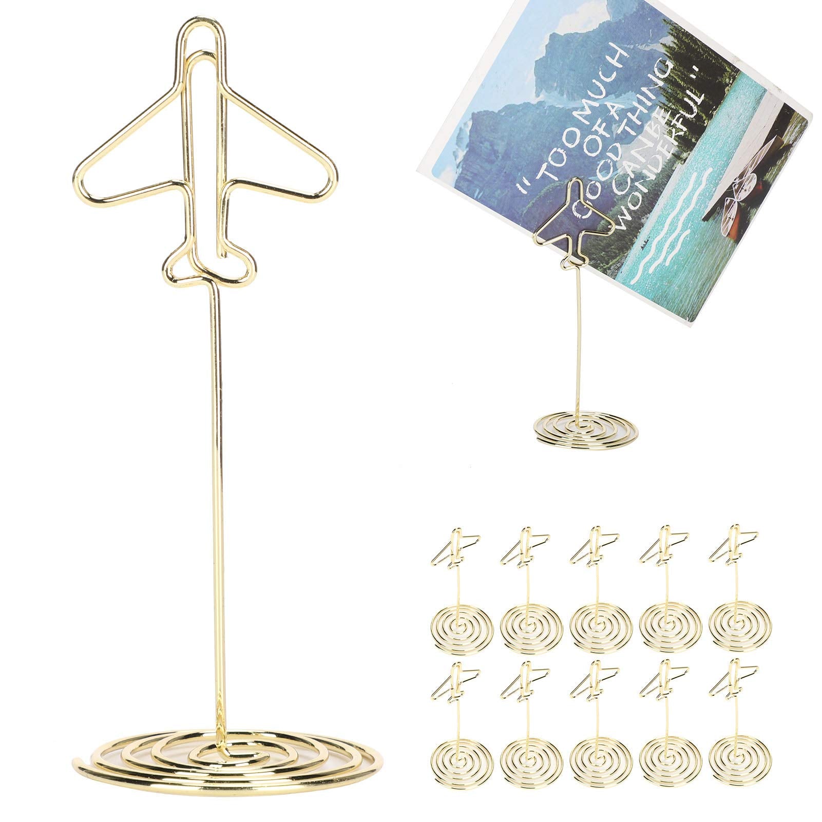 Oumefar 10Pcs Message Clip Photo Holder Desktop Metal Business Card Holder With Base Photo Golden Holder Airplane Shape Bookdocu