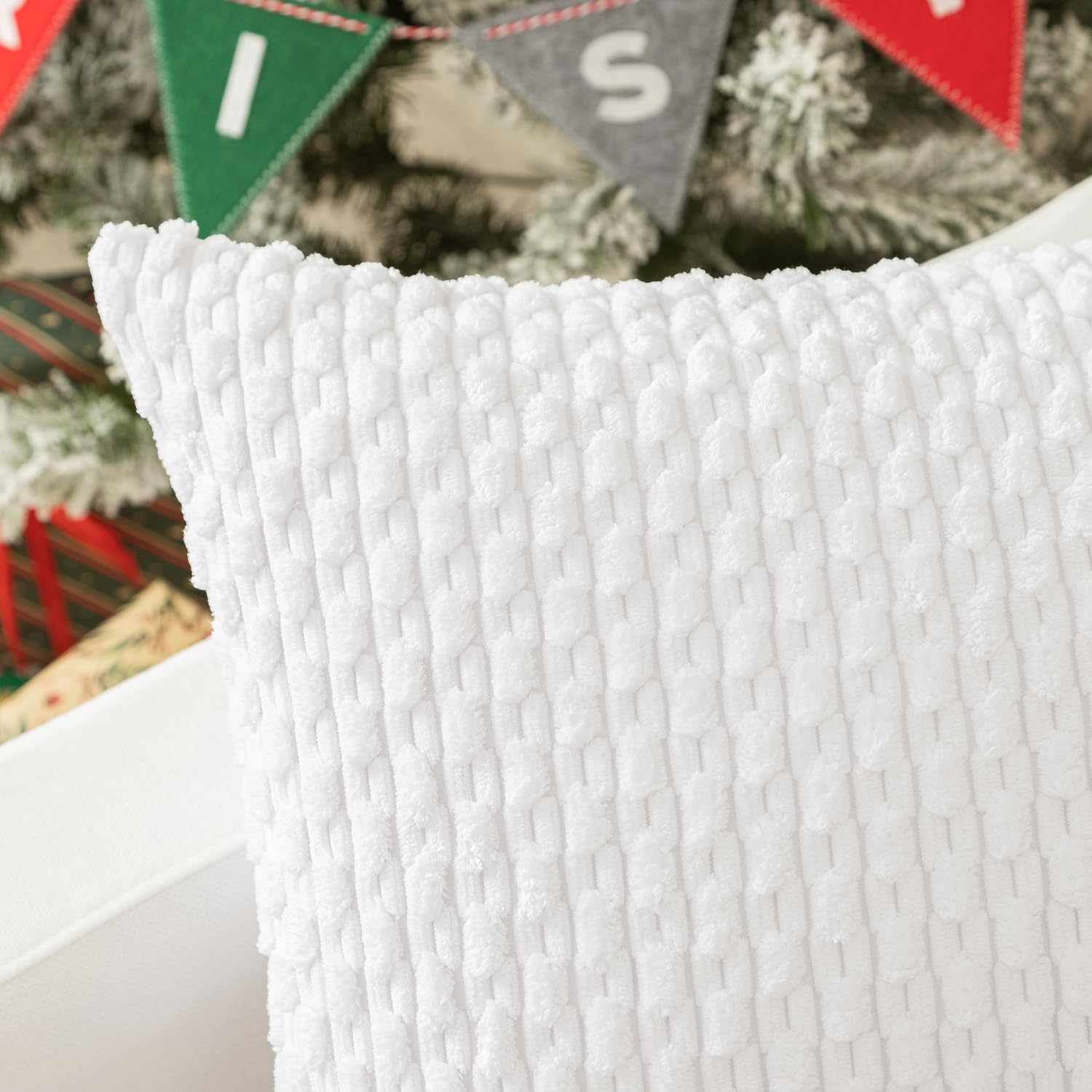 Kevin Textile Set Of 2 Decorative Pillow Cover Solid Striped Corduroy Plush Velvet Cushion Cover For Couch Machine Washable Pillowcase, 50Cm, 20 X 20 Inch, Pure White