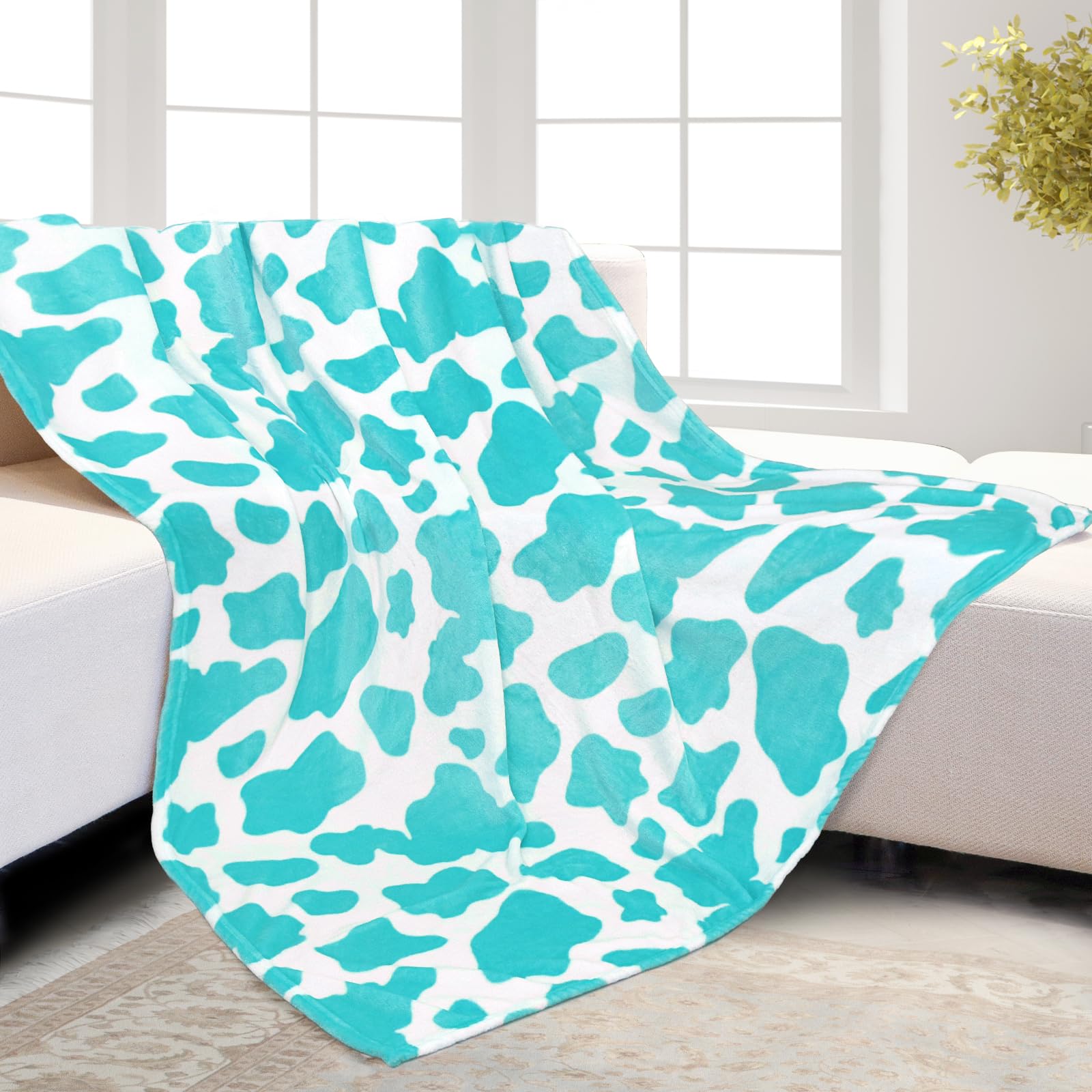 Hseec Blue Plush Blanket Throws Cow Print Blanket Soft Fleece Flannel Small Throw Blanket For Couch 60 X 80 Inch