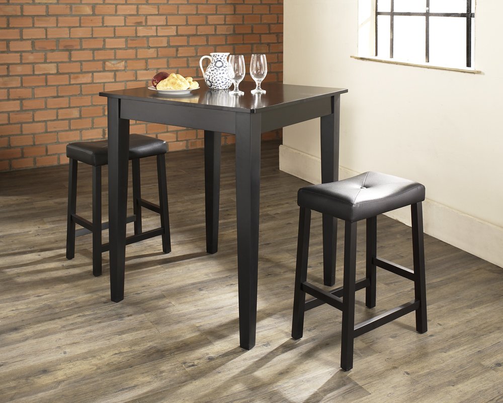 Crosley Furniture 3-Piece Bar Table with 2 Upholstered Saddle Counter Height Bar Stools, Black