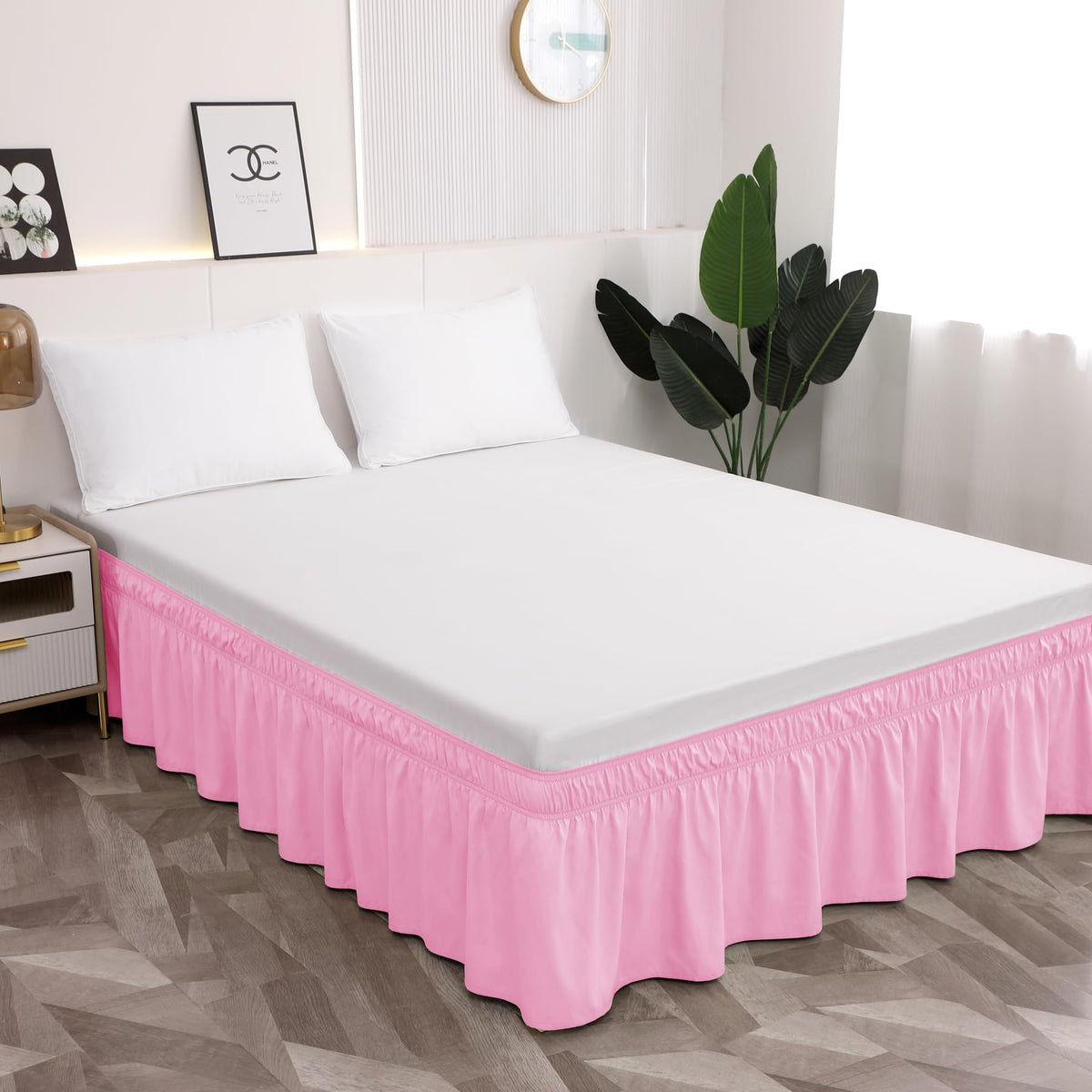 Toodou Wrap Around Ruffled Full Bed Skirt with Elastic Belt, Pink Bedskirt 21 Inch Drop Easy to Put On