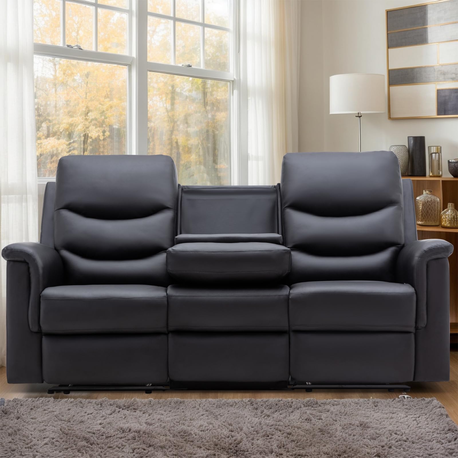 Consofa Faux Leather Manual Reclining Sofa, Recliner Sofa 3 Seater With Flipped Middle Backrest,Cup Holder, Wall Hugger Sofa Rec