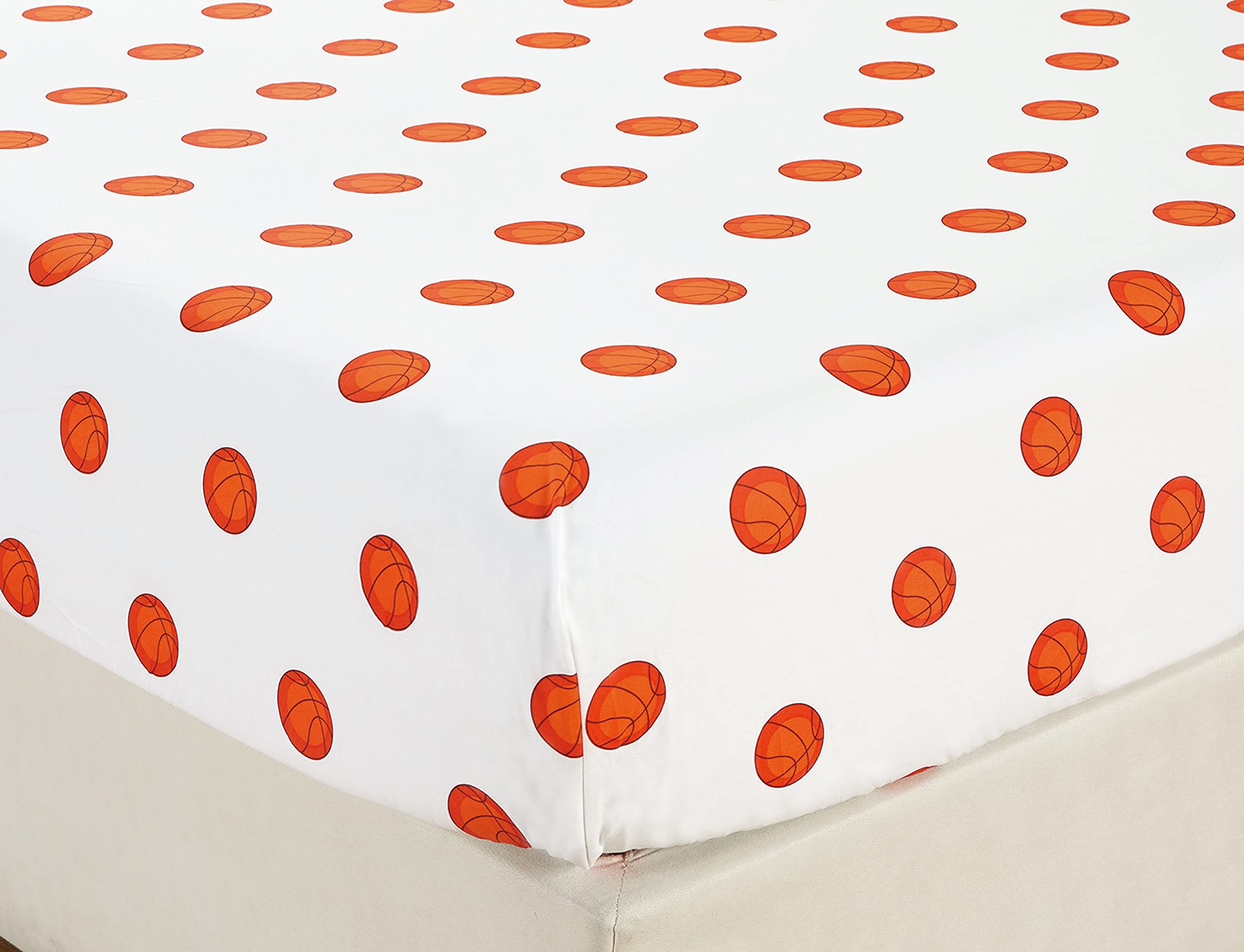 Chezmoi Collection 4-Piece Kids/Teens Sports Sheet Set - Soft Microfiber White Orange Basketball, Queen Size