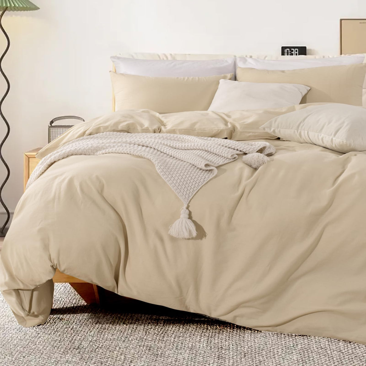 Nexhome Pro Cotton Duvet Cover Oversized Queen 92'X98' Linen Look Textured Organic Natural 100% Washed Cotton Duvet Cover 3 Pieces Bedding Set Beige Zipper Closure, Breathable (No Comforter)