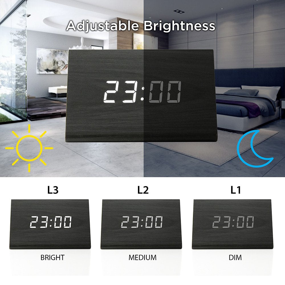 Gearonic Digital Alarm Clock Wooden Alarm Clock Wood Modern Triangle Alarm Digital Desk Clock, Displays Time Date Temperature Ca
