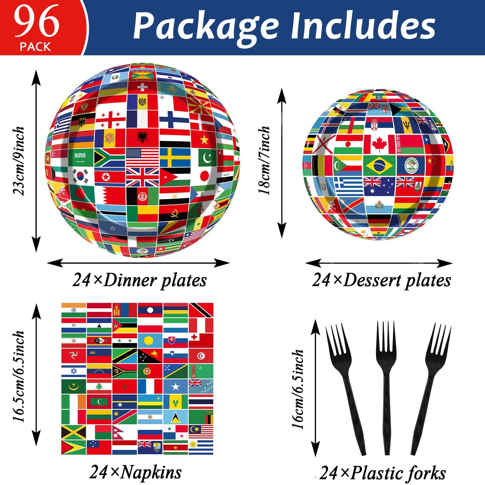 96Pcs International World Flags Party Supplies Country Flag Paper Plates Napkins Travel Trip Around The Globe Party Decorations