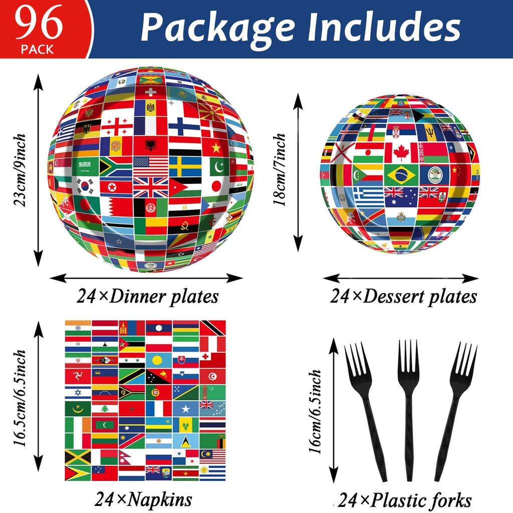 96Pcs International World Flags Party Supplies Country Flag Paper Plates Napkins Travel Trip Around The Globe Party Decorations