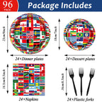 96Pcs International World Flags Party Supplies Country Flag Paper Plates Napkins Travel Trip Around The Globe Party Decorations